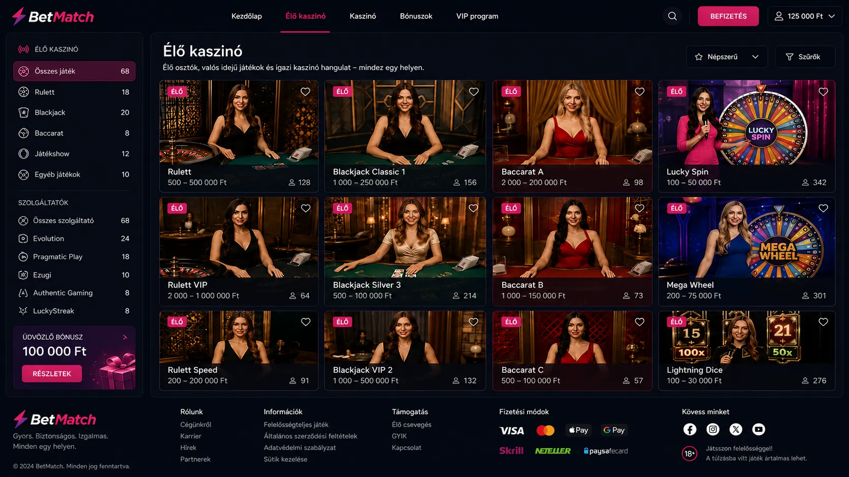 BetMatch Casino főbb jellemzők nyerőgépek élő kaszinó