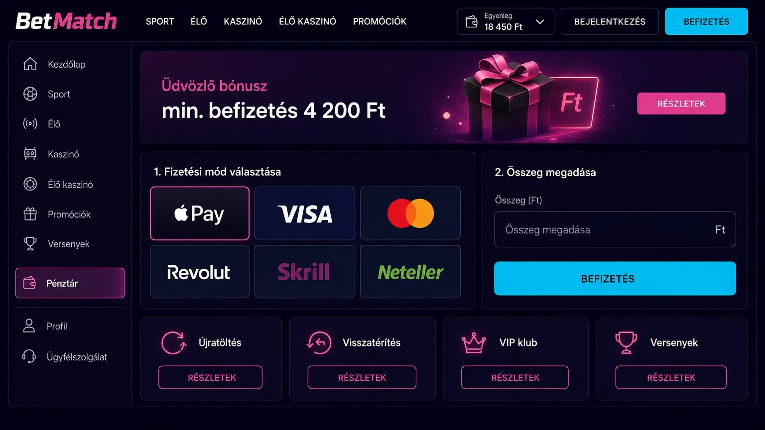 BetMatch fizetési módszerek kifizetés
